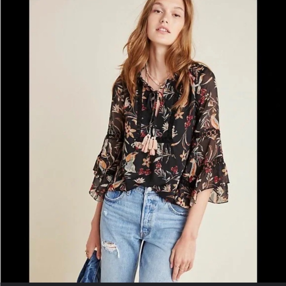 Maeve Black Floral Sheer Tie-Neck Blouse